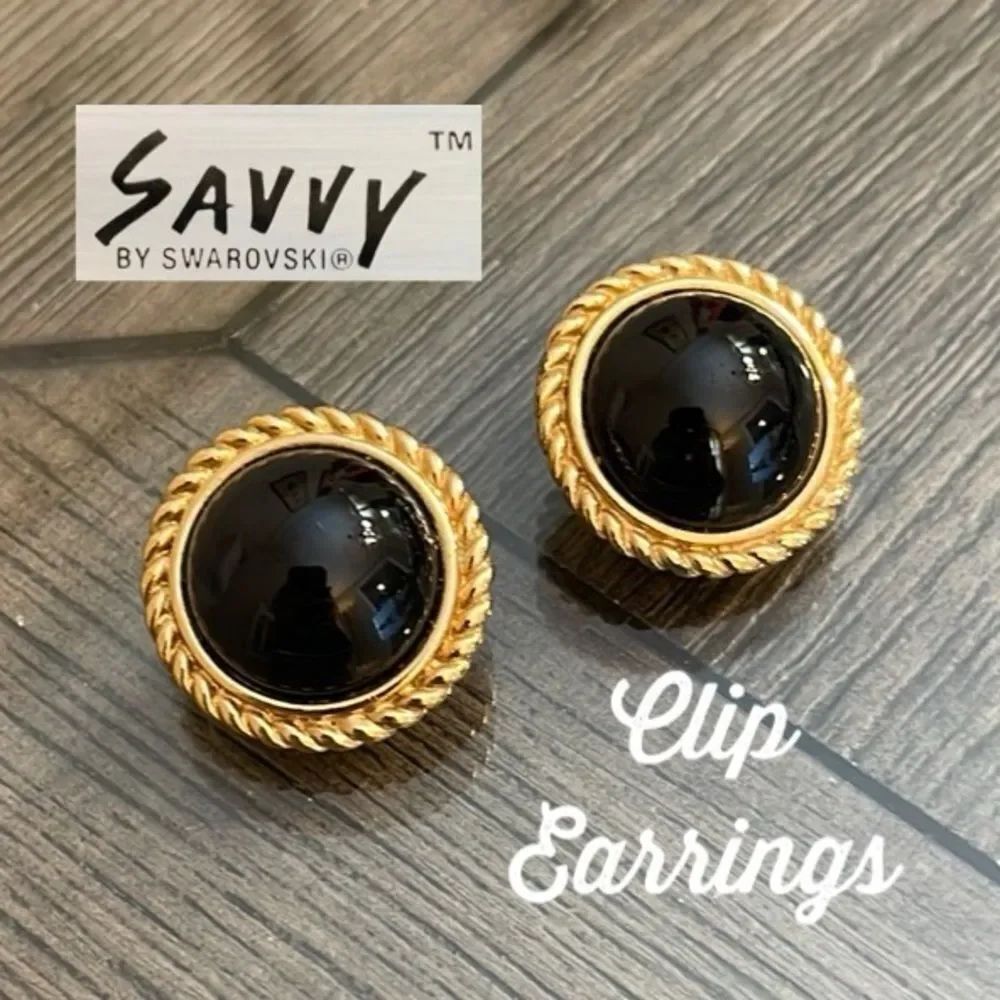 Vintage S.A.L Black Glass Black Cabochon and Gold Earrings